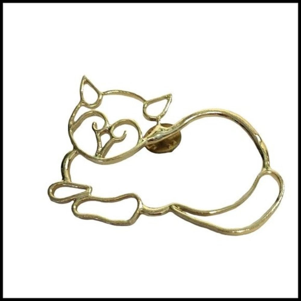 Vintage Cat Kitty Pin Gold Tone Outline Metal Big Brooch